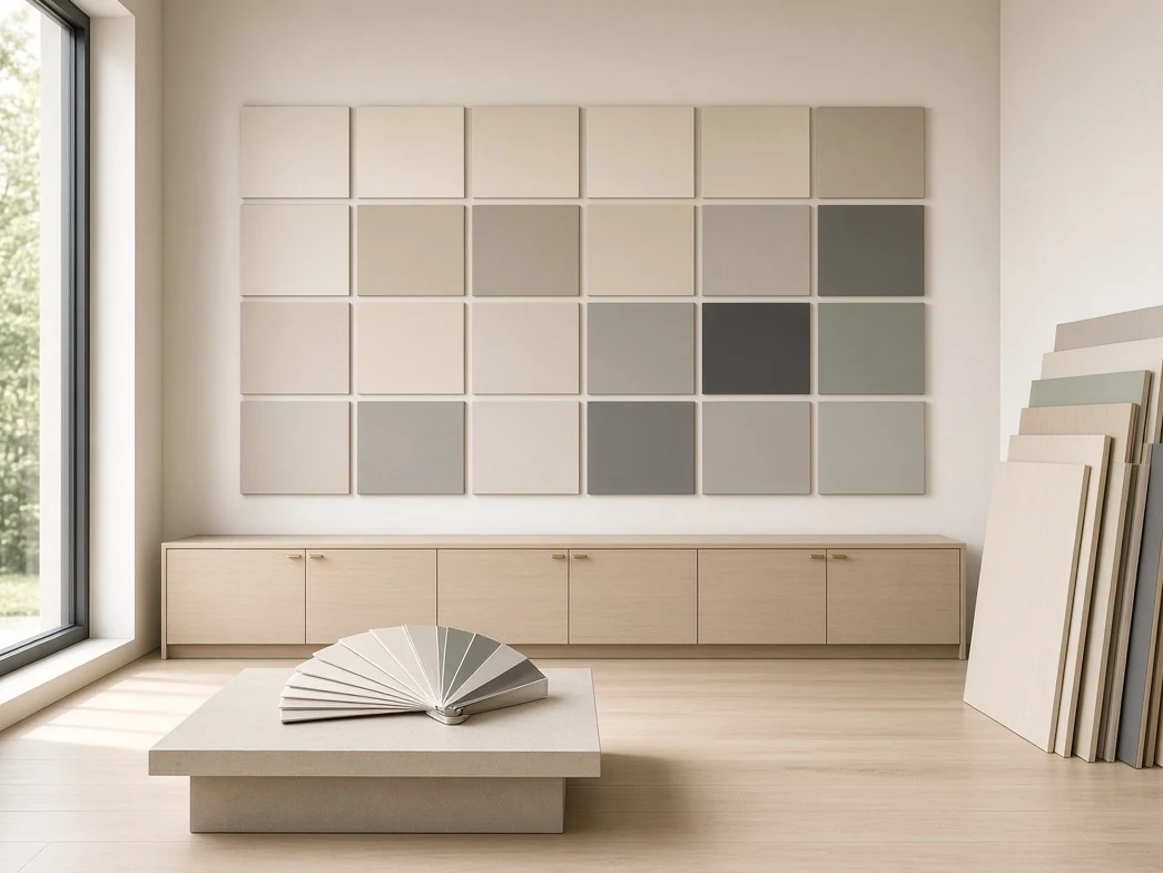 Showroom Trúc Mộc: bảng màu ván trên tường và các tấm ván mẫu dựng bên cạnh