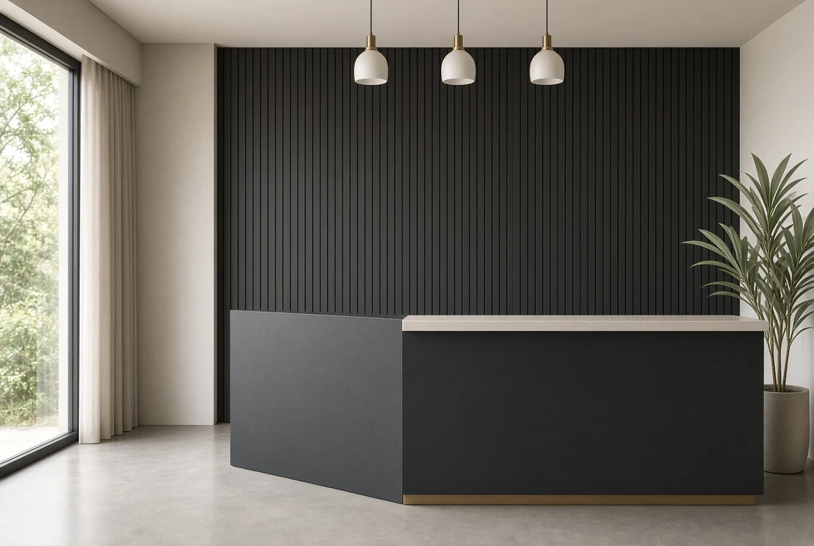 Quầy lễ tân và vách nan ốp ván MDF phủ Melamine màu Deep Grey, bề mặt matte bền màu
