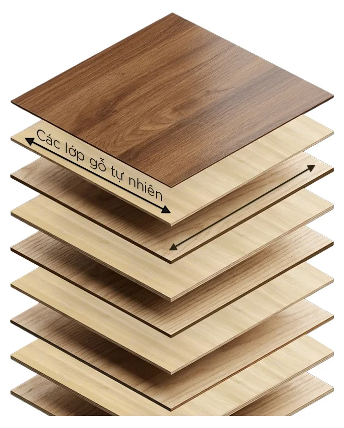 Sơ đồ cấu tạo ván Plywood thô: nhiều lớp gỗ tự nhiên xếp so le vân, ép lại, không phủ bề mặt