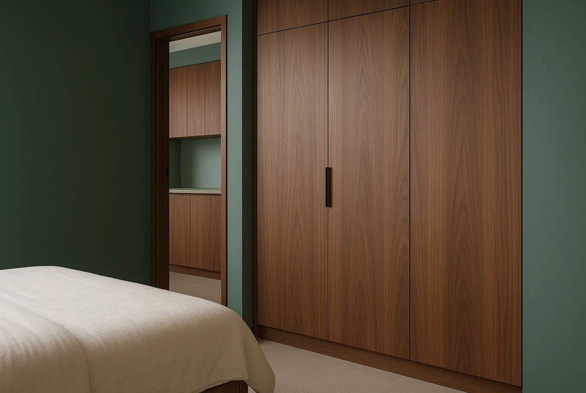 Tủ quần áo kịch trần bằng ván MDF phủ Laminate vân óc chó, tay nắm âm