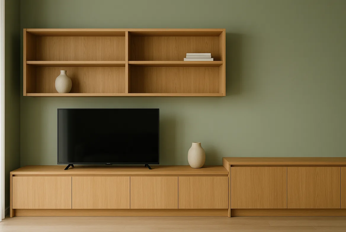 A TV console and open shelving in melamine-faced MDF with a pale oak grain, handleless flush doors