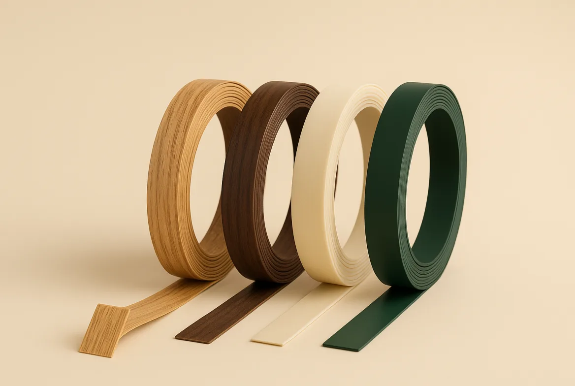 Four coils of PVC edge banding in wood grains and plain colours, the front coil uncurling toward the viewer