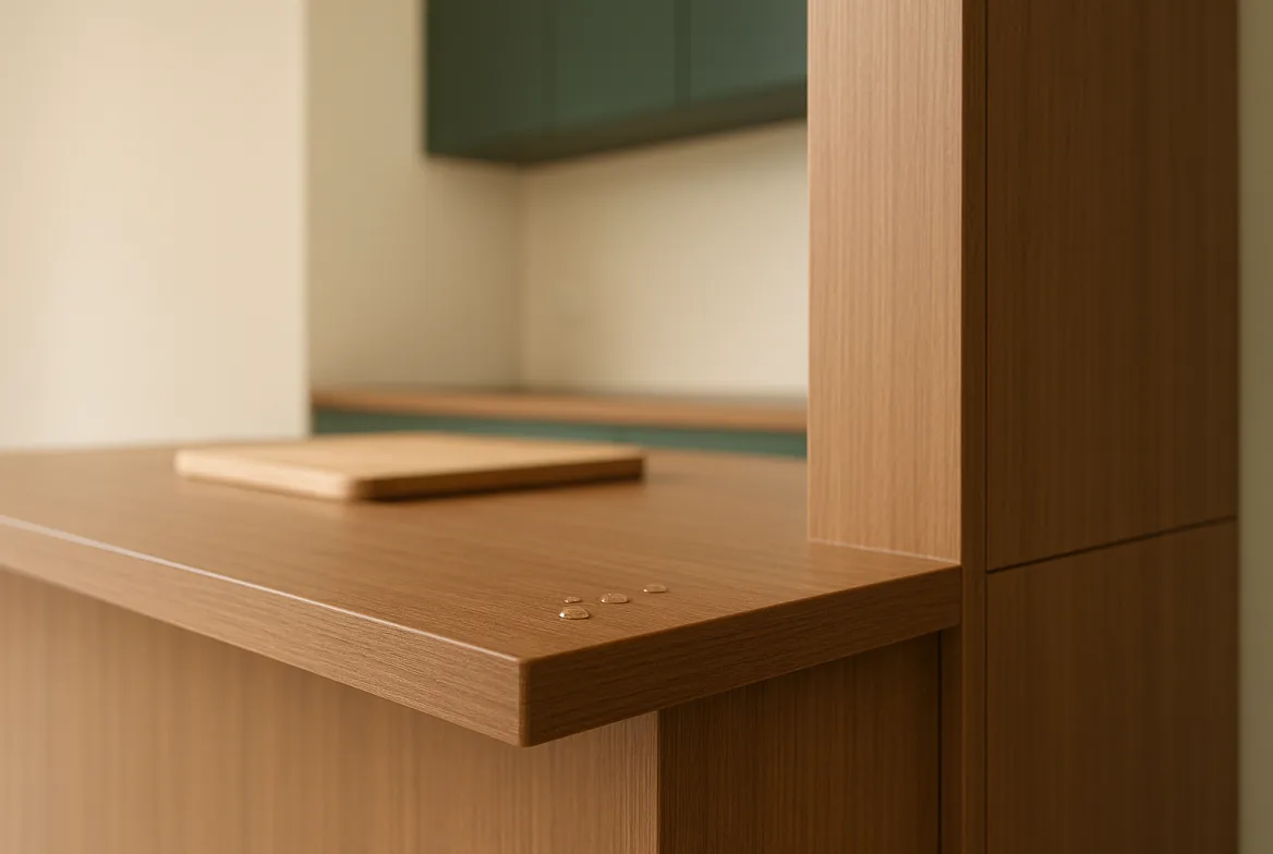 The corner of a kitchen island worktop in laminate-faced plastic board with a teak grain, water beading on the surface