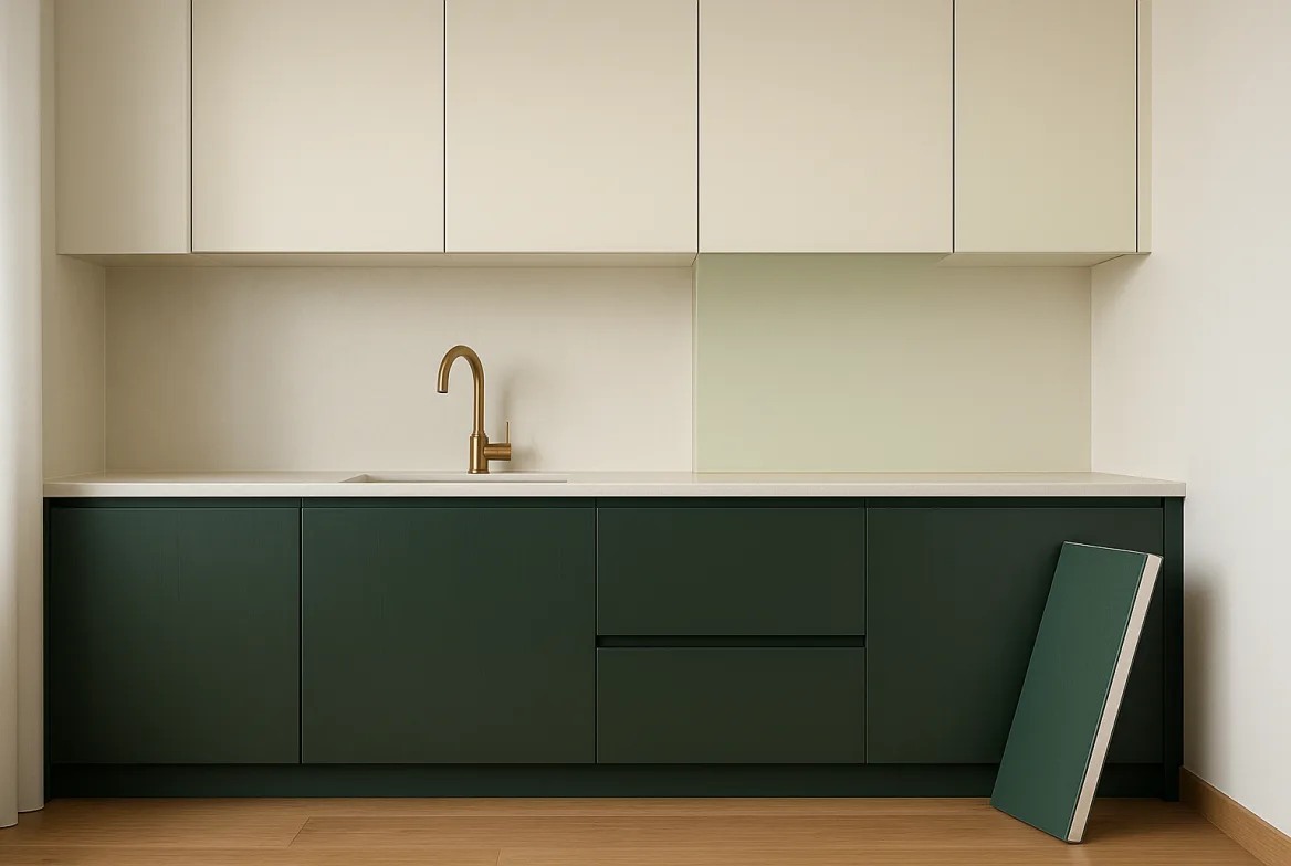 A kitchen run in three-layer coloured plastic board, forest green below and cream above, an offcut showing the white foam core