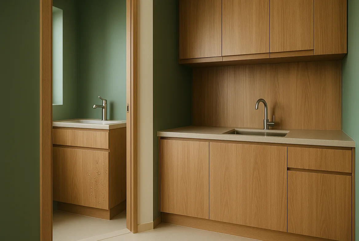 A kitchen run and a wall-hung basin unit in PVC-faced plastic board with an oak grain, water beading on a door