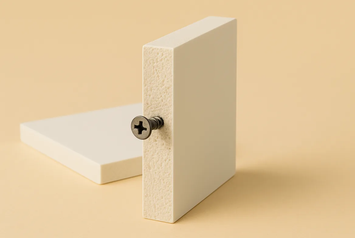 An offcut of three-layer white plastic board standing on edge, two hard skins around a foam core, a screw driven into the core