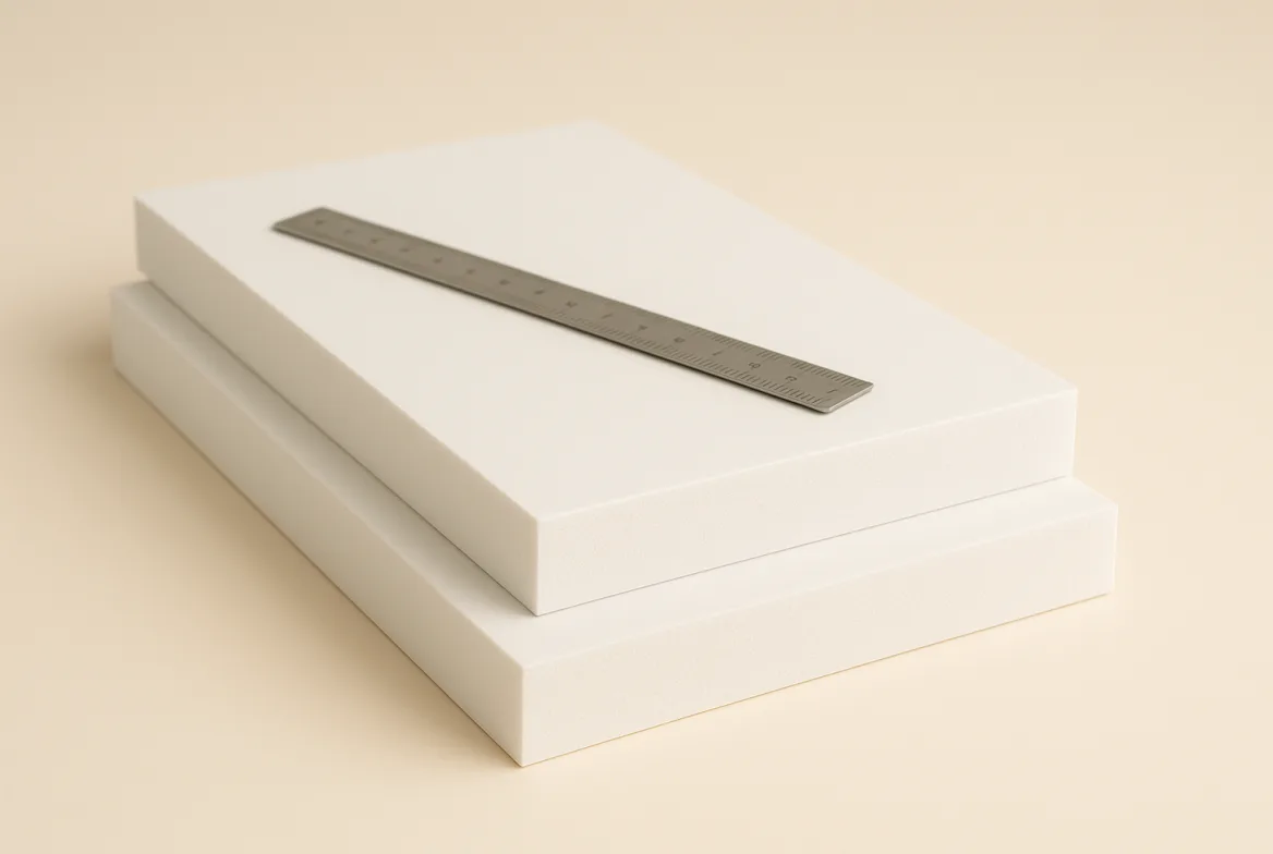 Sheets of standard white plastic board stacked, the top sheet showing a dense white foam core at the cut edge