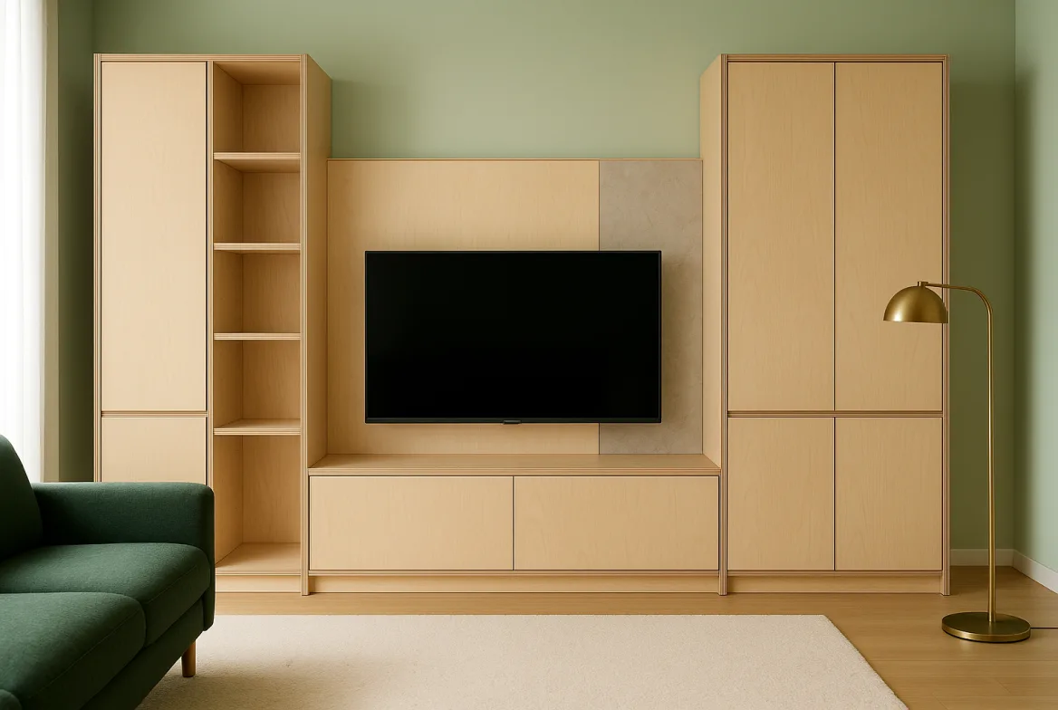 Vách tivi và tủ cao bằng Plywood phủ Laminate vân sồi sáng, phối cùng mảng laminate vân đá