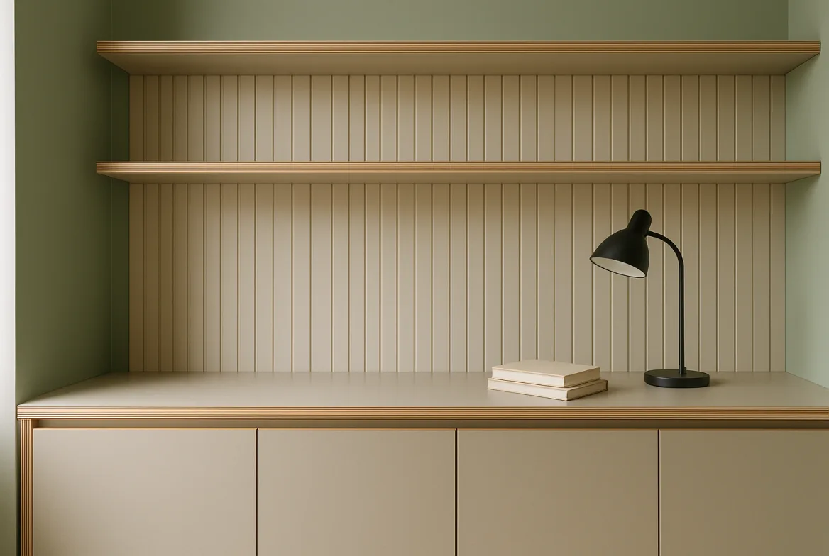 Kệ treo tường và tủ thấp bằng Plywood phủ Melamine, mặt phẳng mịn và cạnh lộ lớp ván ép