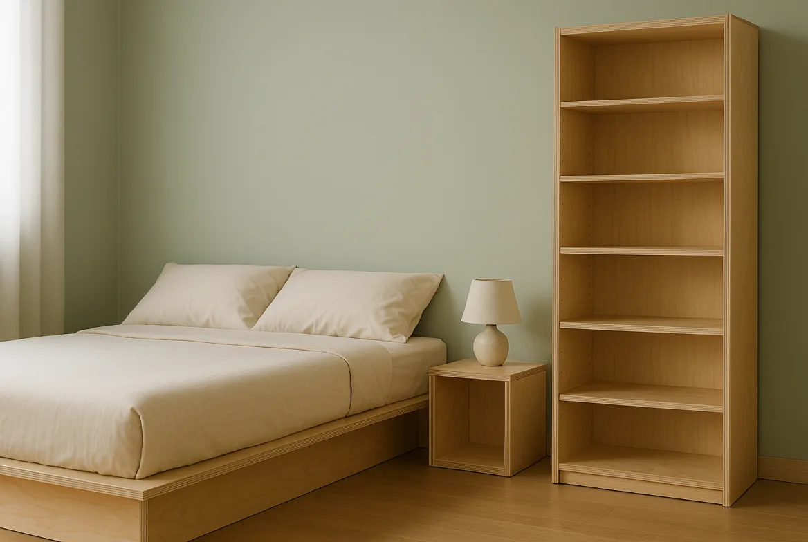 Giường bệt và kệ sách bằng ván Plywood thô, lộ rõ các lớp gỗ ở đường cạnh