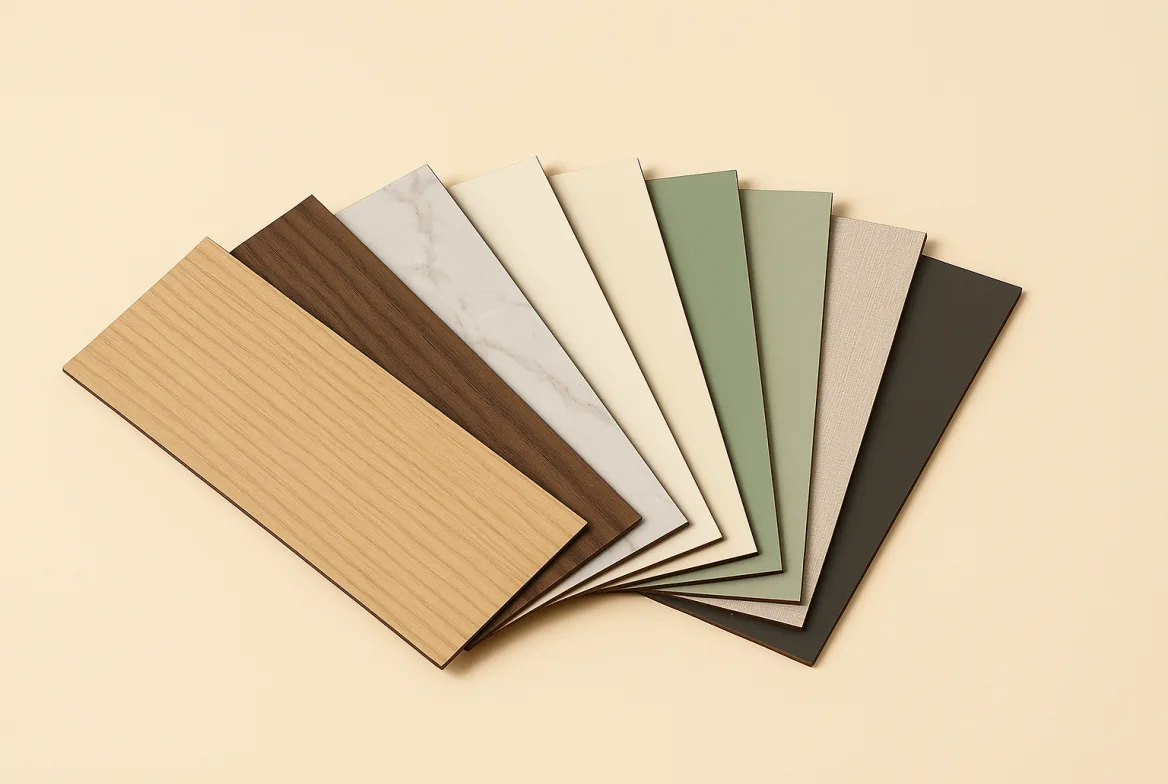 Laminate sheets fanned out, showing wood grains, stone looks and plain colours with a kraft paper core at the edges